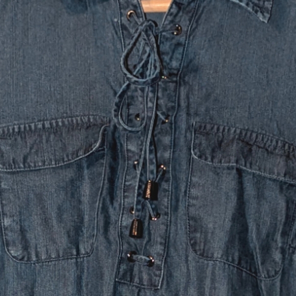 Neiman Marcus Lace Up Pull Tab Sleeve Tencel Collared Denim Chambray Mini Dress - Picture 5 of 8